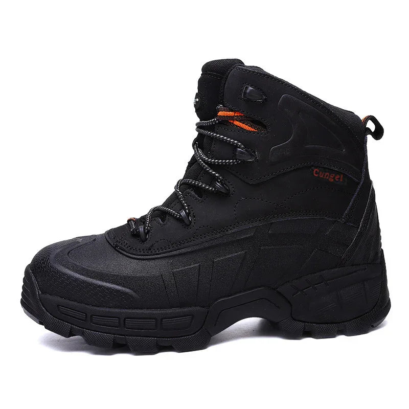 Black high-top rugged outdoor hiking boot with thick sole and orange lace accents