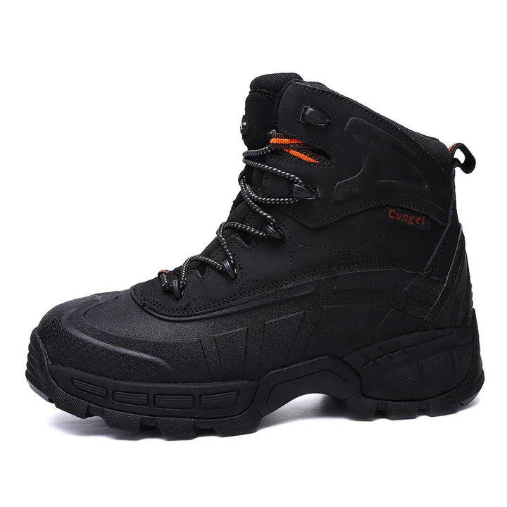 Black high-top rugged outdoor hiking boot with thick sole and orange lace accents