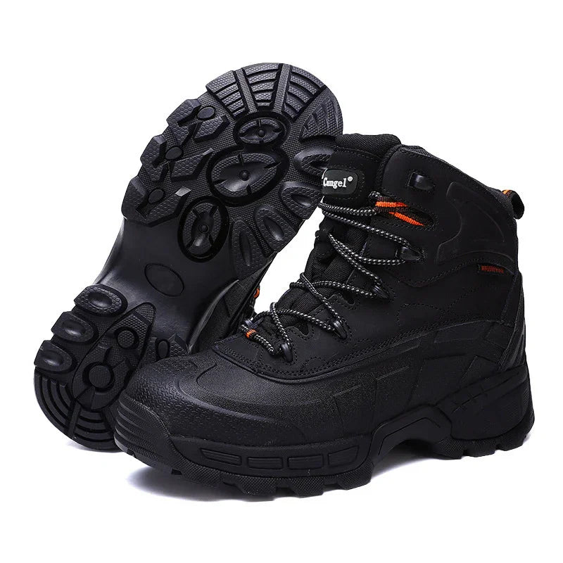 Black tactical outdoor boots with rugged sole and orange accents, designed for durability and grip