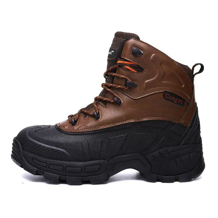 Brown and black rugged waterproof hiking boot with durable sole and secure lacing