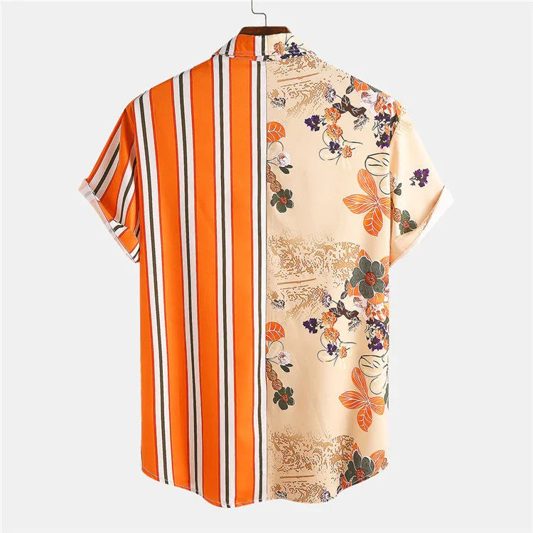 Short-sleeve shirt with bold orange stripes on one half and floral print on beige background on the other