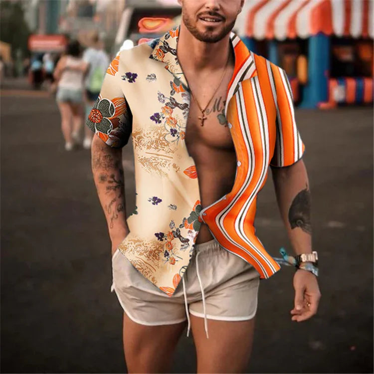 Man walking outdoors wearing half floral, half striped short-sleeve shirt with beige shorts