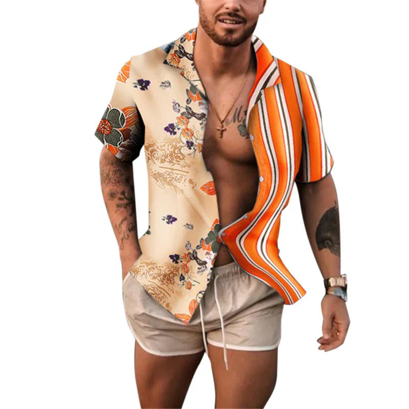 man wearing half floral half orange striped short sleeve shirt and beige shorts