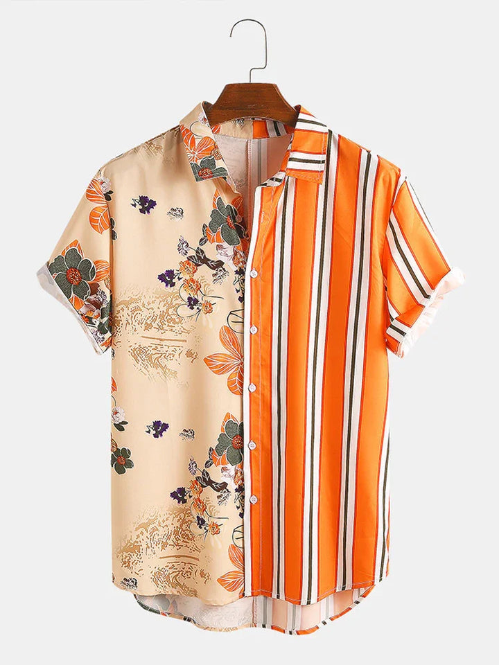 Men's short sleeve shirt with half floral and half orange striped pattern, button-up style