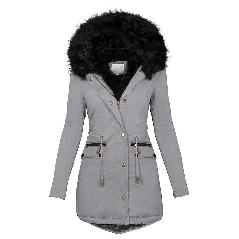 Gray women's winter parka with black faux fur hood and front zipper with buttons