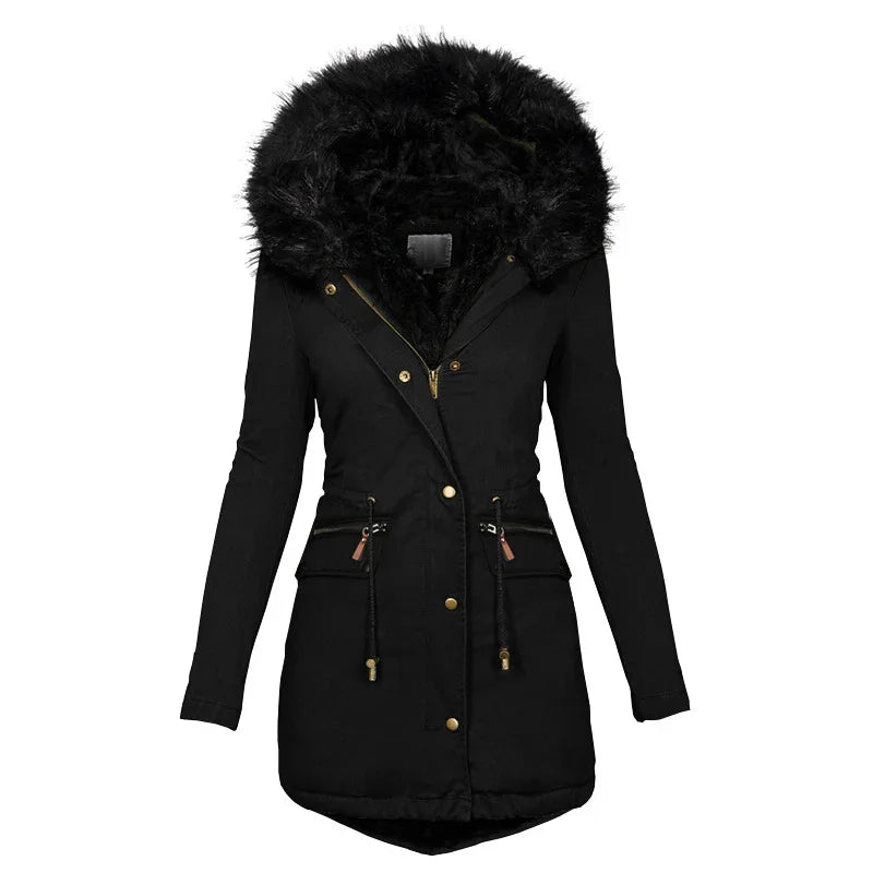 Black women's winter parka jacket with fur-trimmed hood, zipper and button closure, and drawstring waist