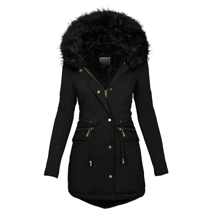 Black women's winter parka jacket with fur-trimmed hood, zipper and button closure, and drawstring waist
