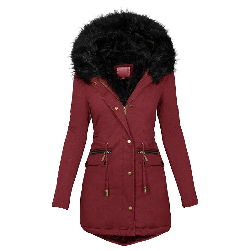 Women's burgundy parka jacket with black faux fur hood, front zipper and snap buttons