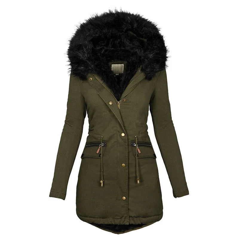 Olive green women's winter parka jacket with black faux fur hood and zippered pockets