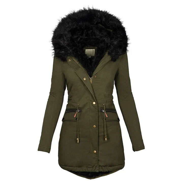 Olive green women's winter parka jacket with black faux fur hood and zippered pockets