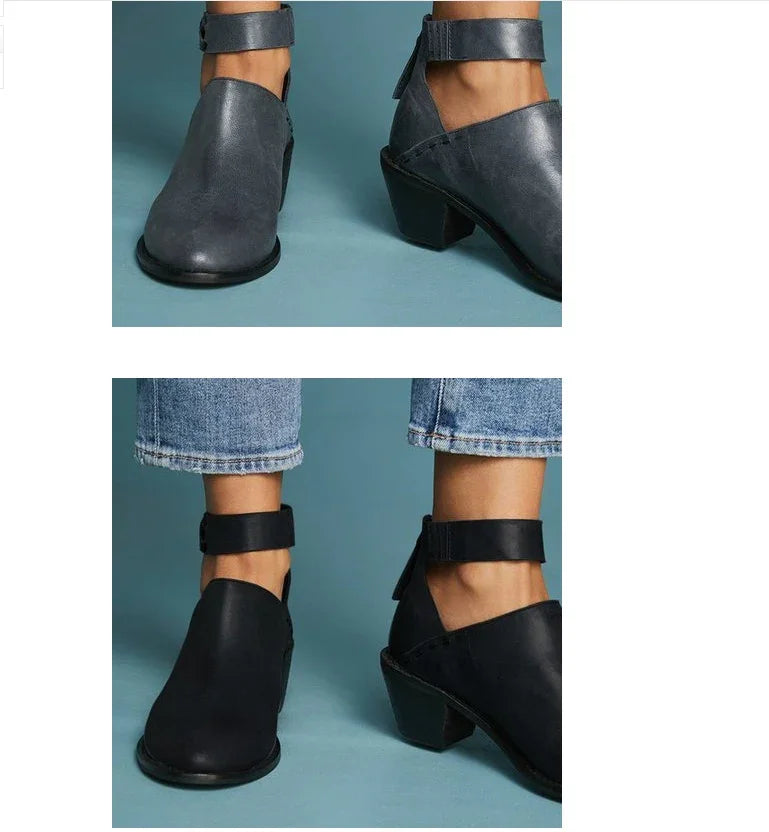 Two pairs of ankle-strap block heel shoes in gray and black leather worn with jeans on blue background