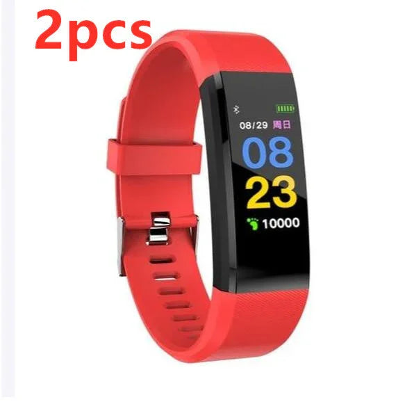 Red fitness tracker smart band showing time, date, step count, and battery status