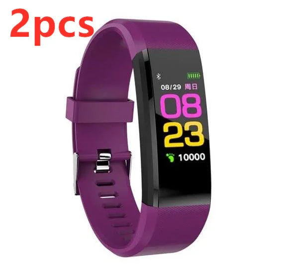 Purple fitness tracker wristband with color display showing date, time, steps, and battery