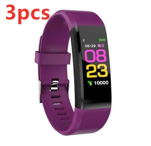 Purple fitness tracker smart watch with colorful digital display and step count 10000