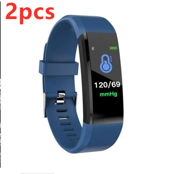 Blue fitness tracker wristband with digital blood pressure reading 120/69 mmHg and temperature icon