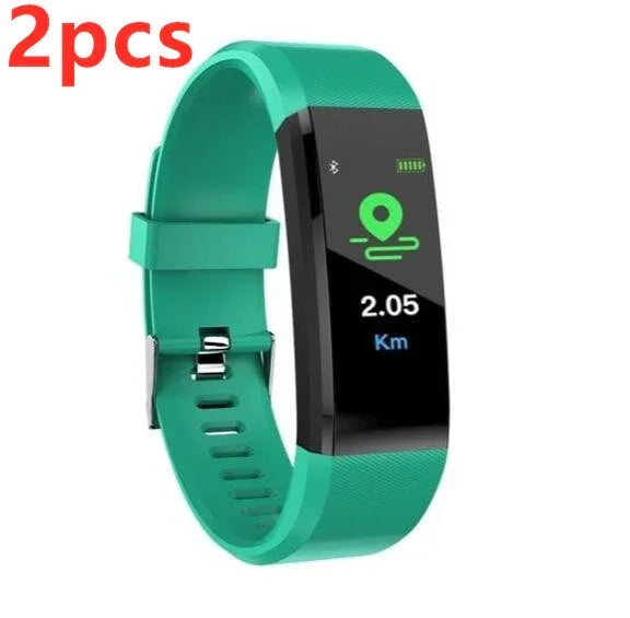 turquoise fitness tracker with curved screen displaying 2.05 km distance and GPS icon