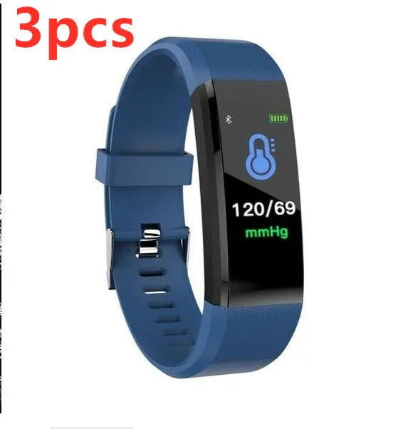 Blue fitness tracker wristband showing blood pressure reading 120/69 mmHg and temperature icon