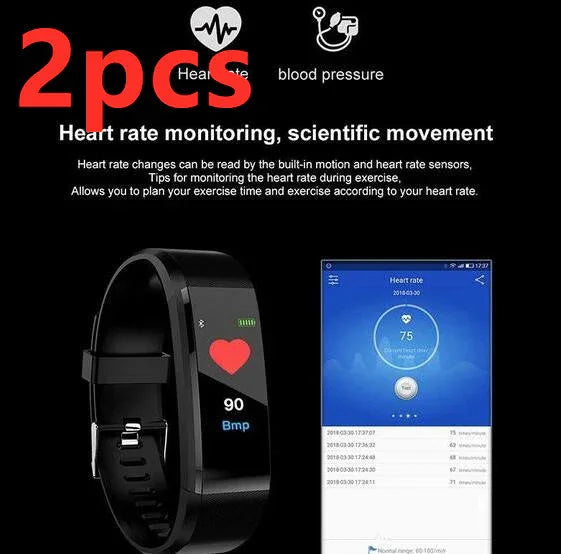 Black fitness tracker with heart rate 90 bpm display and smartphone app showing heart rate monitoring data