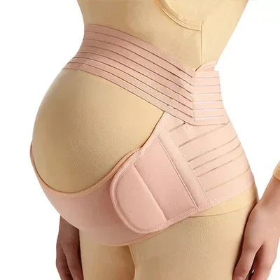 Beige maternity support belt with adjustable straps on pregnant woman, providing belly and back support