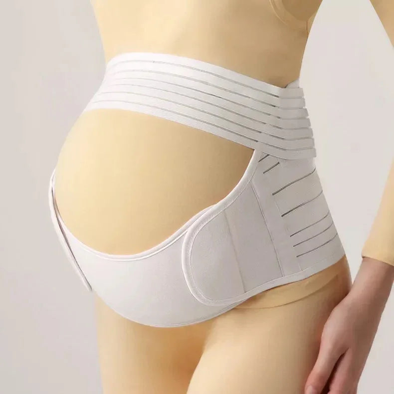 white maternity support belt on mannequin showing adjustable straps and belly support