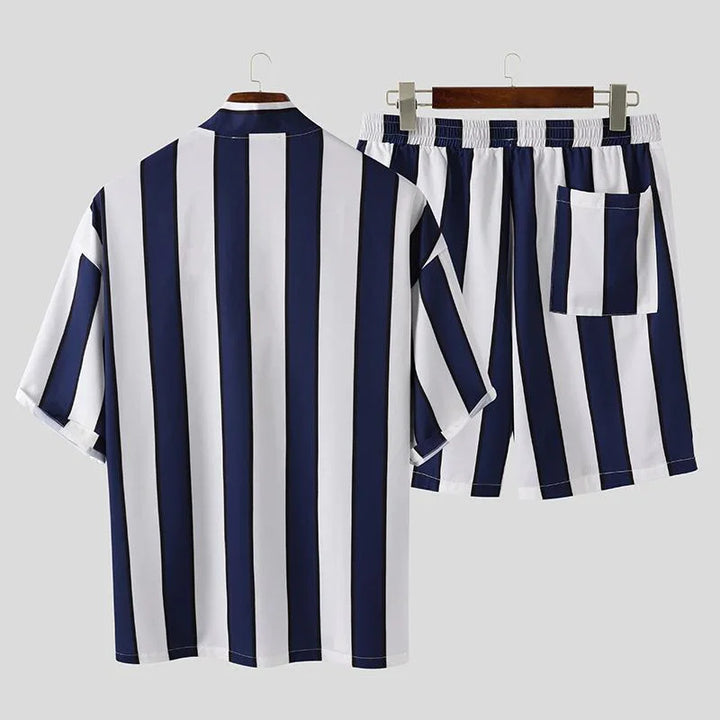 Navy and white vertical striped short sleeve shirt and matching shorts with pocket on hanger