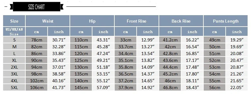 Size chart for pants with waist, hip, front and back rise, and length measurements in cm and inches for sizes S to 5XL