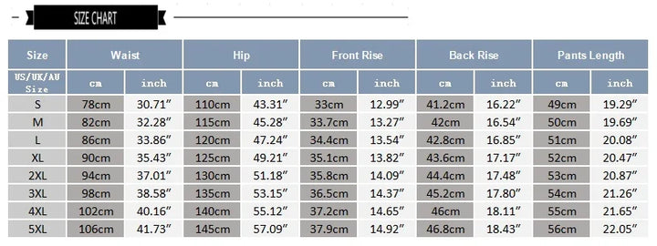 Size chart for pants with waist, hip, front and back rise, and length measurements in cm and inches for sizes S to 5XL