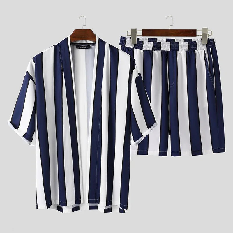 Men's two-piece summer outfit with navy blue and white vertical stripes, short-sleeve shirt and shorts