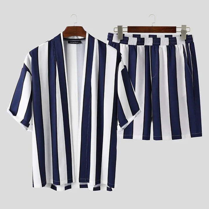 Men's casual summer outfit with navy blue and white vertical striped short sleeve shirt and matching shorts