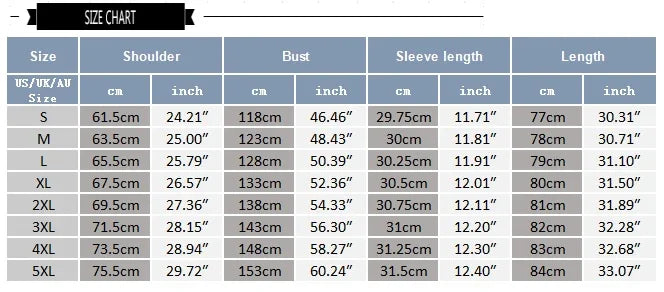 Size chart for shirts showing shoulder, bust, sleeve length, and overall length in cm and inches for sizes S to 5XL