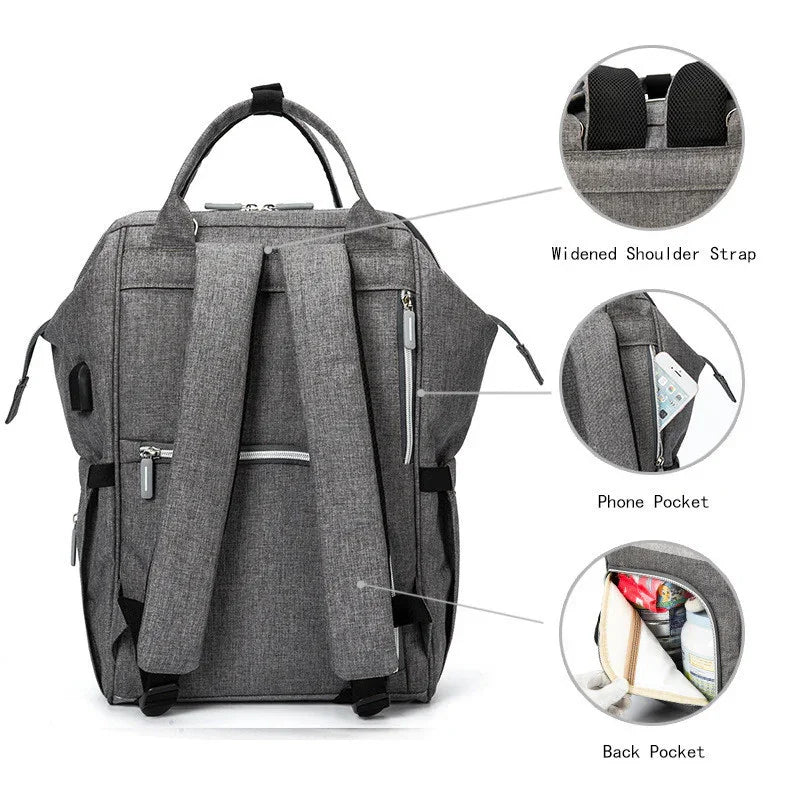 Gray backpack with widened shoulder straps, phone pocket, and back pocket for storage organization