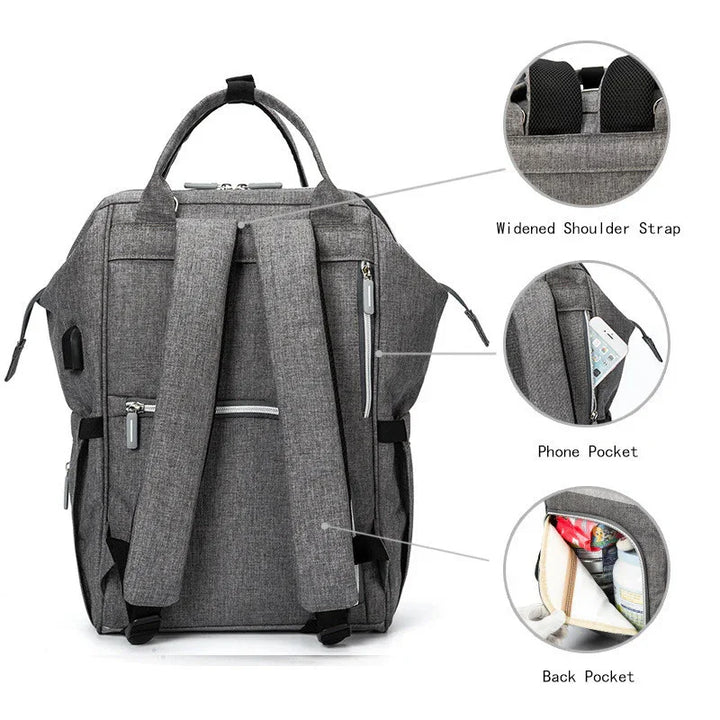 Gray backpack with widened shoulder straps, phone pocket, and back pocket for storage organization