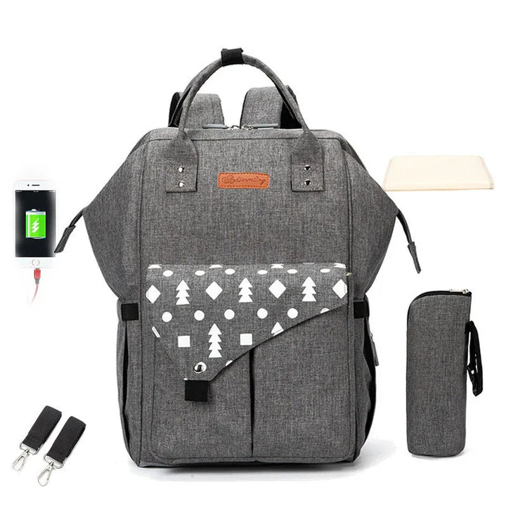 Gray multifunctional backpack with patterned front pocket, USB charging cable, detachable pouch, and stroller straps