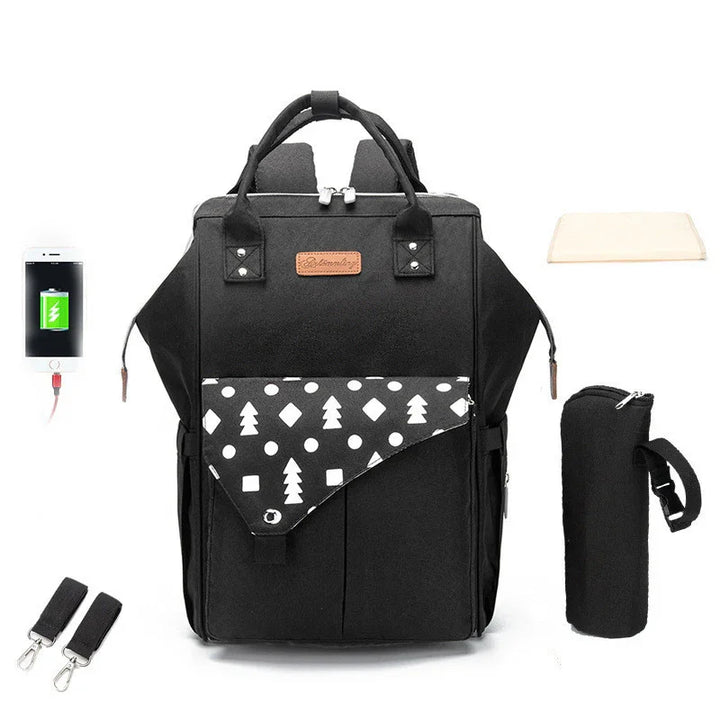 Black multifunctional diaper bag backpack with white geometric pattern, bottle holder, changing pad, and stroller straps