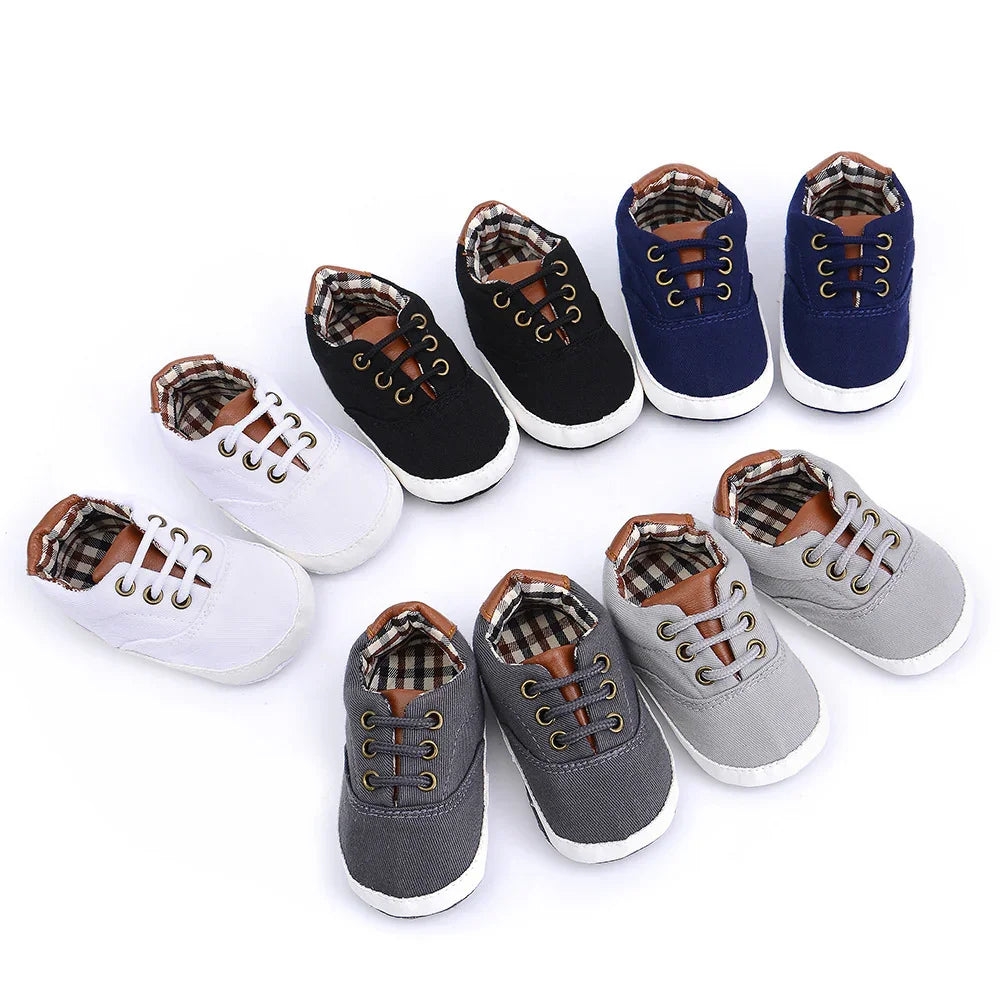 Stylish baby shoes in white, black, blue, gray with plaid inner lining and lace-up design