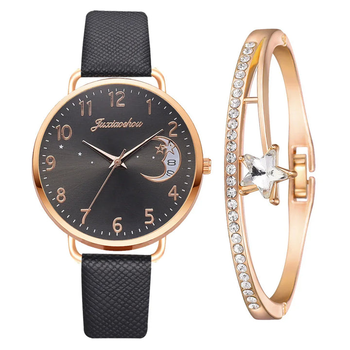 Rose gold watch with black leather strap and matching rose gold star crystal bracelet