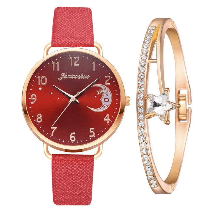 Red leather strap wristwatch with gold case and zodiac moon dial alongside gold bracelet with star crystal and rhinestones