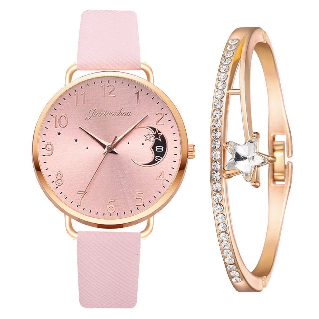 Rose gold wristwatch with pink strap and moon star dial paired with gold bracelet featuring rhinestones and star charm