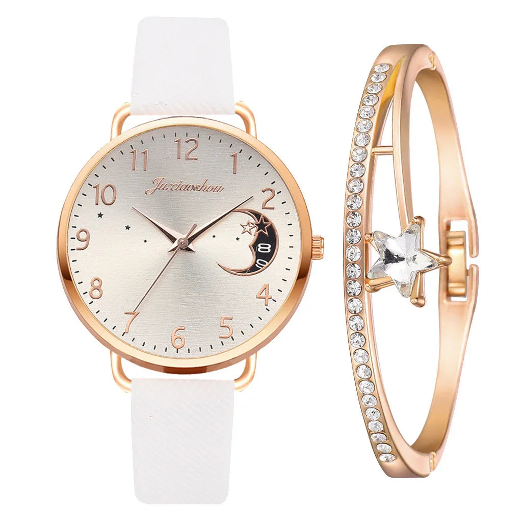 Women's wristwatch with white leather band and gold star moon dial paired with gold crystal star bracelet