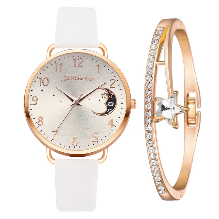 Women's wristwatch with white leather band and gold star moon dial paired with gold crystal star bracelet