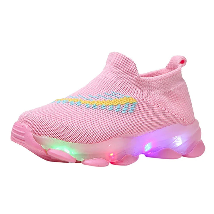 Pink knitted toddler sneaker with yellow and blue design and colorful LED light sole