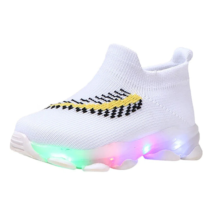 White kids' LED light-up sneaker with knitted upper and yellow black pattern