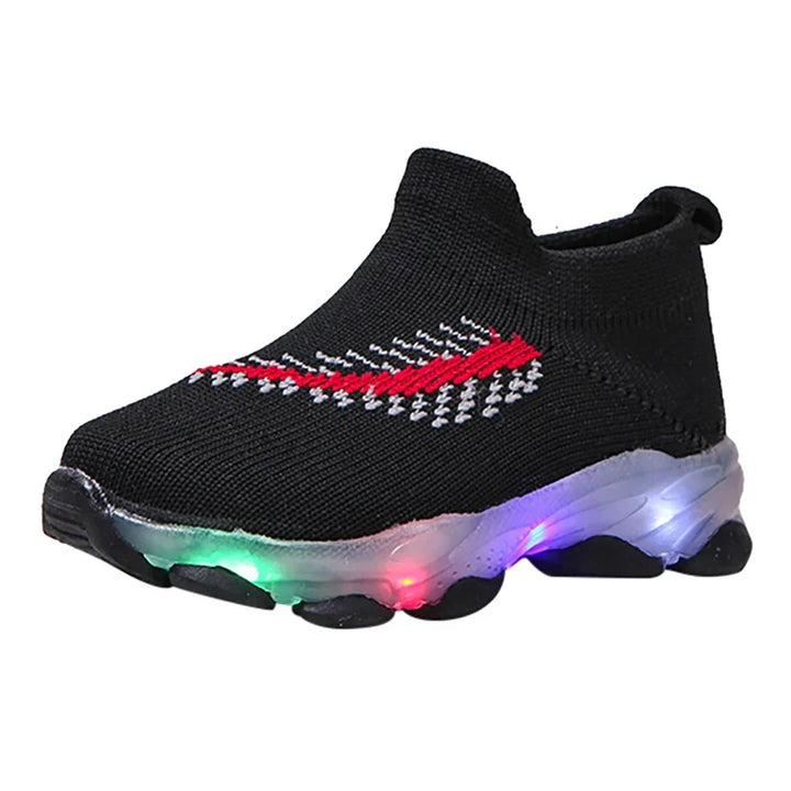 Black knitted kids sneaker with red and white pattern and multicolor light-up sole
