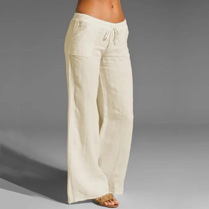 Women's cream linen wide-leg pants with drawstring waist and front pockets