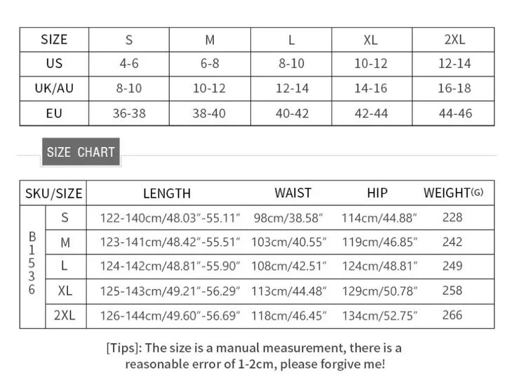 Women’s clothing size chart with measurements in US, UK/AU, EU sizes, length, waist, hip, and weight details