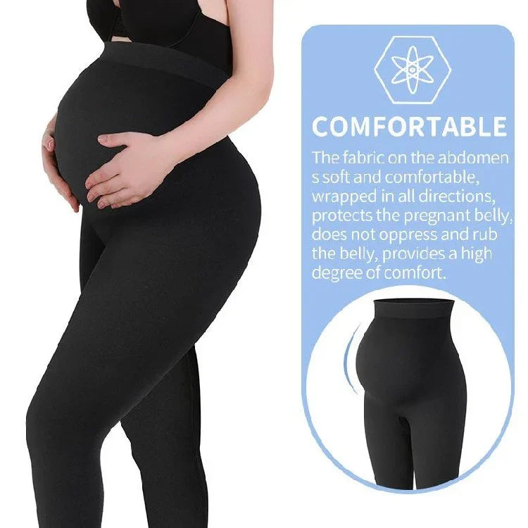 Pregnant woman wearing comfortable black maternity leggings with soft fabric supporting the belly