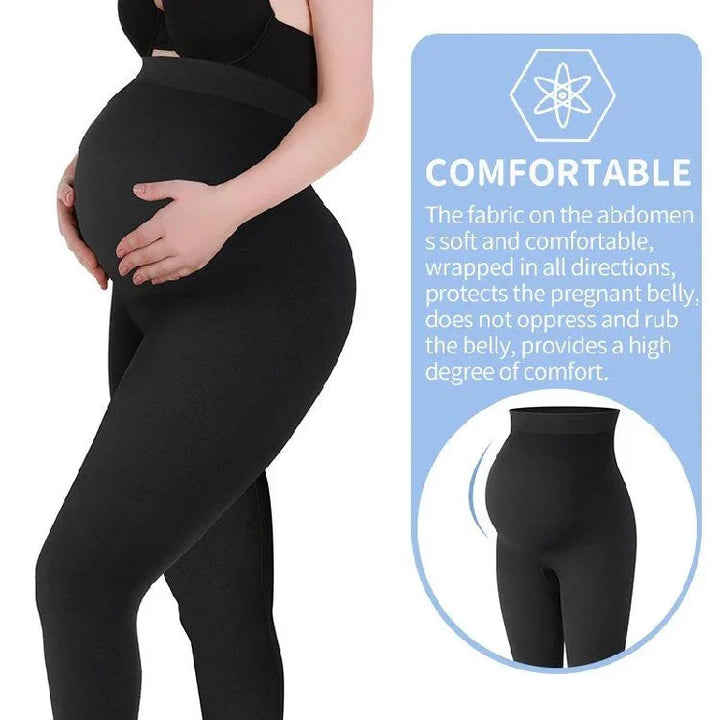 Pregnant woman wearing comfortable black maternity leggings with soft fabric supporting the belly
