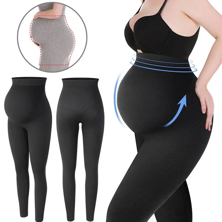 Black maternity leggings with belly support worn by pregnant woman, front and back views