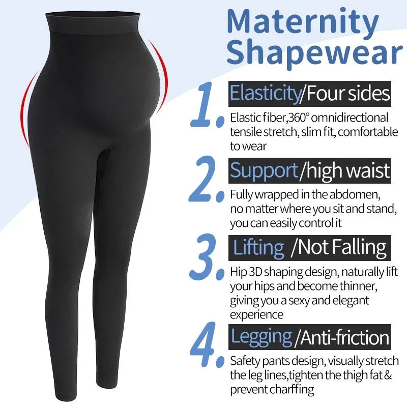 Black maternity shapewear leggings with high waist, elastic fiber, hip lifting, and anti-friction design