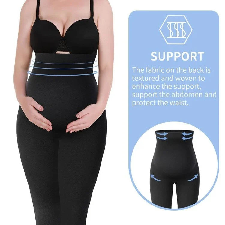 Pregnant woman wearing black maternity support leggings with abdomen support and waist protection